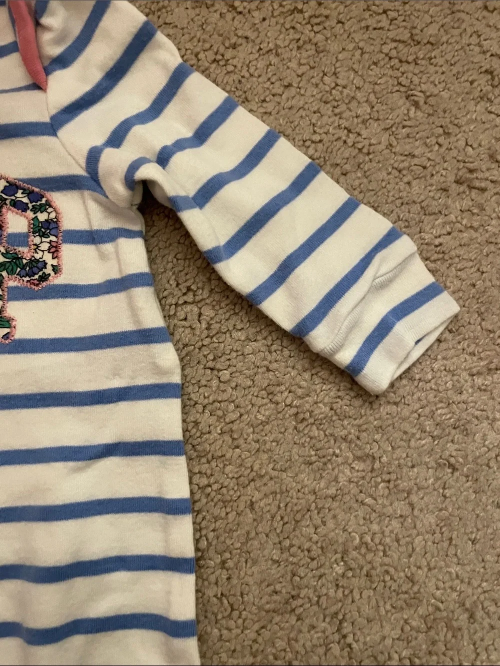 GAP White and Light Blue Striped Infant Footie with Floral Logo